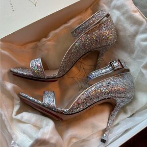 Charlotte Olympia 🕸️ rainbow sequined Talitha silver ankle strap heeled sandals